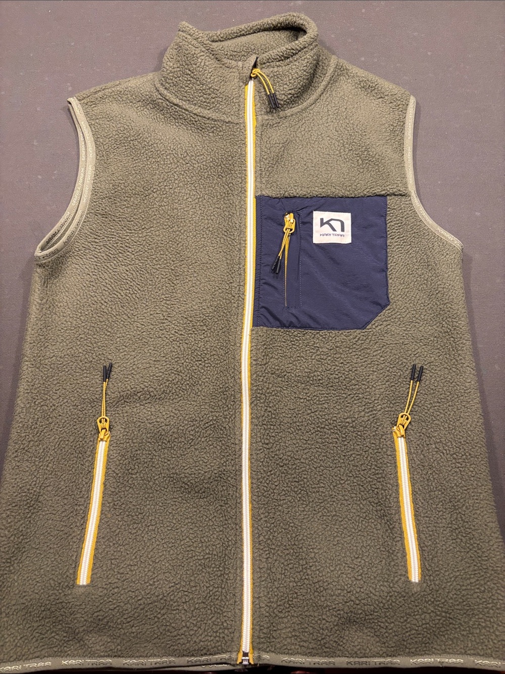 Kari Traa Olive Green Fleece Vest with Navy Pocket and Yellow Accents